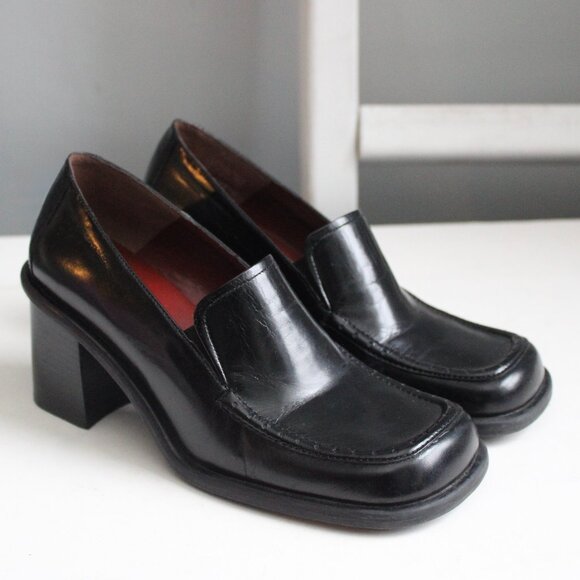 Nine West Shoes - Nine West Women's Kinetic Black Leather Y2K Square Toe Loafer Heels Size 7